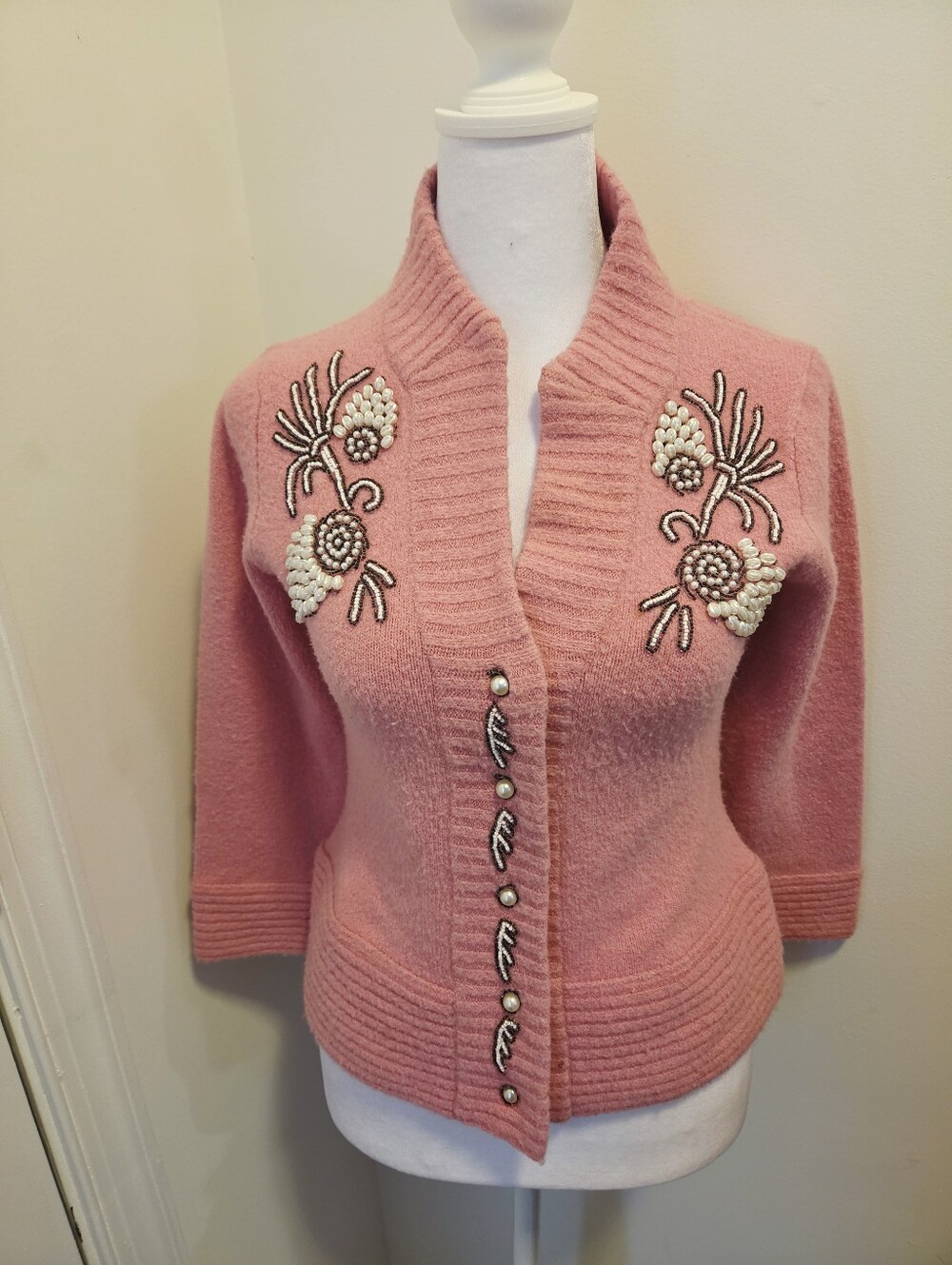 Boston Proper Pink Pearl & Bead Embellished Shawl-Collar Cardigan
